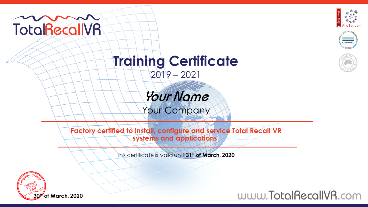 Total Recall VR Training Certificate